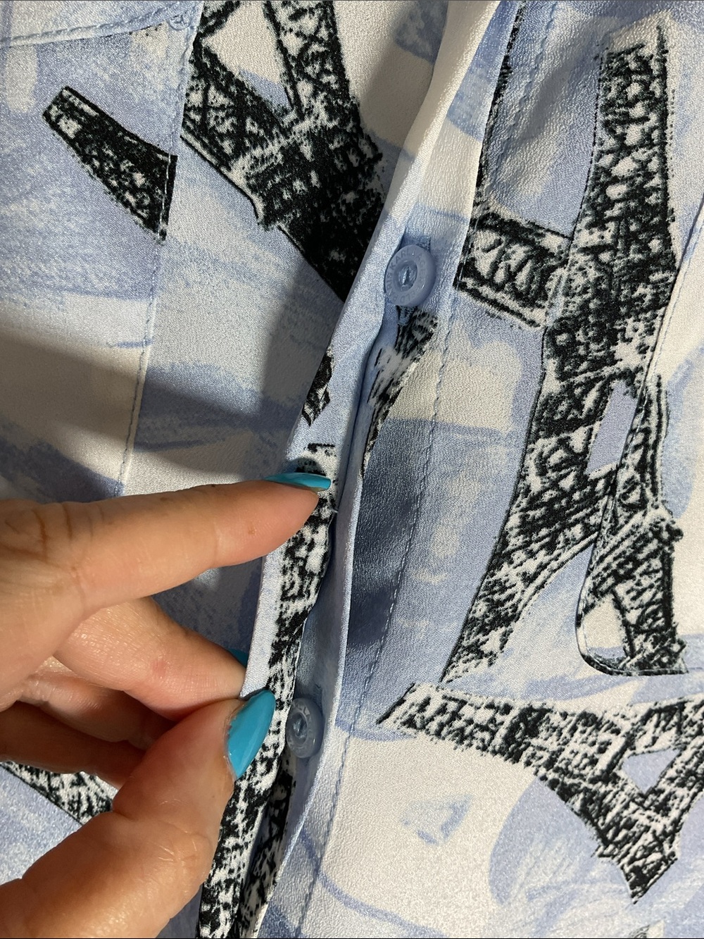 Karl Lagerfeld Paris Whimsical Eiffel Tower Roll-Tab Blouse Size S Blue - Picture 3 of 8